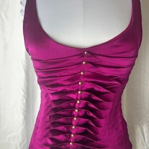 Vintage Silk Caché Magenta Ruched Satin Tank Top Y2K Gold Button Cami Medium